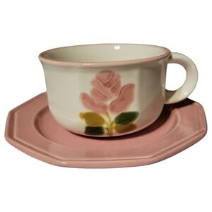 Vtg 70's SIC Porcelain Coffee Tea White Rose Cup Pink Decagon Saucer Italy